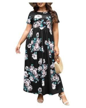 Nemidor Vestido largo de talla grande para mujer con curvas, de verano, casual, holgado, manga corta, vestido con bolsillo