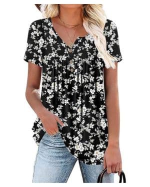 POPYOUNG Women's 2023 Summer Collared V Neck Chiffon Blouse Business Tunic Petal Short Sleeve