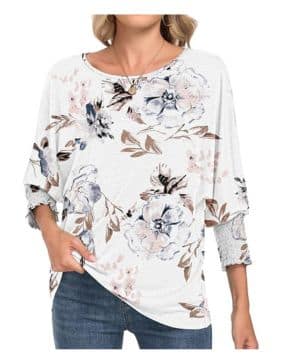WNEEDU Blusa de manga 3 4 para mujer, cuello redondo, ajuste holgado, plisada, con volantes, para mujer