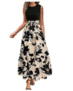 XFSRG Vestido Mujer Florales Elegante Cuello Redondo sin Manga Volante Dobladillo Verano Midi Vestidos Noche Fiesta