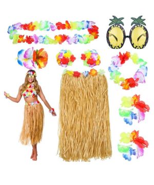Hawaianas Hula Grass Skirt Set Hula Falda de Hierba con Juego de Disfraces de Leis con Flor, Pasto Luau y brazaletes de Flores Hawaianas, Diadema y Collar,Gafas de Sol