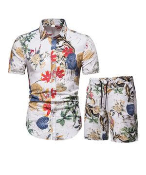 Camisa de manga corta y pantalones cortos para hombre, trajes de verano de 2 piezas, flores casuales con botones