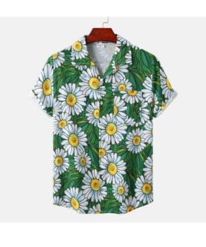 Camisa Hawaiana para Hombre, Camisa Hawaiana De Verano para Hombre Patrón De Flor De Margarita Verde De Moda Camisa De Playa De Manga Corta Botón Casual Ca