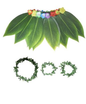 Disfraz hawaiano para mujer - falda de playa con estampado de hojas, diadema de flores tropicales y muñequera
