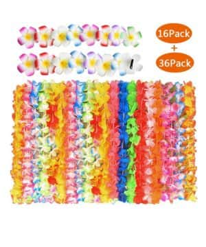 Evance 36 Collares de Flores unisex para Fiesta Hawaiana y Plumeria Pinzas de Pelo para Luau, 16 Piezas