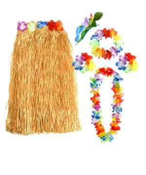 FEPITO Los juegos de faldas hula de hierba hawaiana incluyen collar de flores Leis, diadema, pulseras, faldas Luau para niños, disfraz de Hawaii, suministros de f