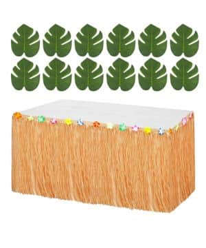 Falda de Mesa Decoración Fiesta Hawaiana Luau con 12pcs Hoja de Palma Decoración Fiesta Tropical Flores