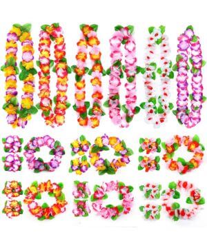 Hawaiian Flores Guirnalda Multicolor Tropical Decoraci贸n, 24 Pulseras 12 Diademas y 12 Collares para Luau Hawaiian Playa Boda Picnic Fiesta Fiesta