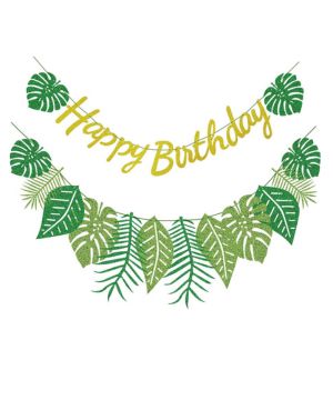 Hegbolke pancarta de feliz cumpleaños para fiesta hawaiana, decoración de fiesta hawaiana, decoración de hojas de palmera para fiestas tropicales, decoración con