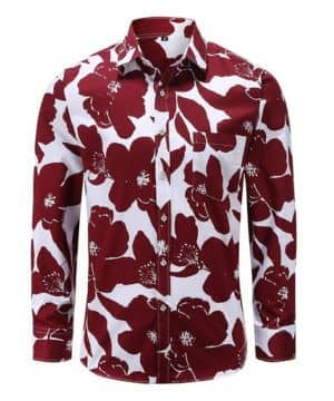 Camisa para hombre de manga larga con flores de lujo, clásica, fina rojo