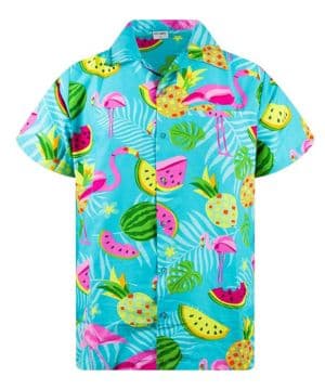 King Kameha Funky Camisa-Hawaiana Hombre Manga-Corta Bolsillo-con-Hendidura Elegante Fiesta Frutas Flamencos Unisexo