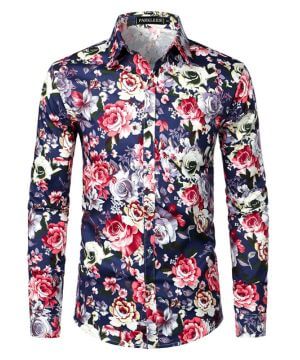 Camisas florales de manga larga con botones para fiesta casual y elegante para hombre