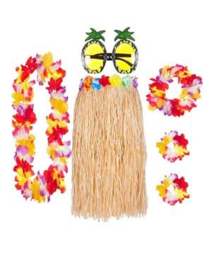 REDSTAR Set Hawaiano 6 Piezas – Falda de Paja, Guirnaldas Flores Lei y Gafas de Piña – Falda Hawaiana Fiesta de Paja o Multicolor – Disfraz Mujer Hawaiano para Fi