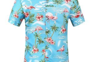 Camisa Manga Corta con Estampado de Flamencos y Flores Estilo Hawaiana de Hombre