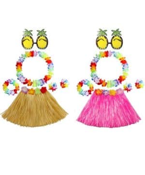 Teogneot Juego de falda hawaiana de hula de hierba, colores naturales y rosa, con flores y gafas de sol de piña