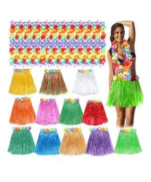 Toyssa Juego de 12 Falda Hawaiana con Collar de Flores Falda de Hierba de Hula, Fiestas de Disfraces, Luau Playa para Niñas Mujer Adultos