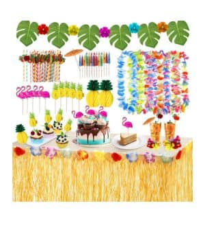 URBZUE Hawaiano Luau Falda de Mesa Set de Decoración, de Fiesta Tropical de 9.6FT con 12 Guirnaldas y 2 Piñas 3D, Hojas de Palma Flores Hawaianas Decoraciones de