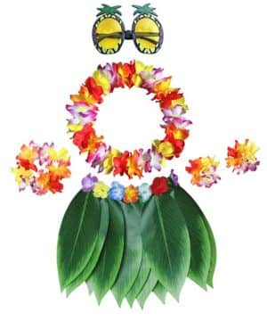 Uanqfegy Conjunto de traje hawaiano para niñas, falda Hula de 7 piezas con gafas de piña para fiesta de verano en la playa