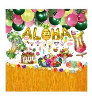 WOHOT 162 Pcs Hawaiano Luau Falda de Mesa Set de decoración, Decoración Fiesta Tropical Verano con Aloha Globos, Decoración de Fiesta de Verano Beach (162 piezas)