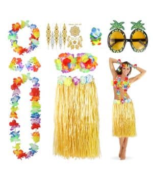YAOYIN 9 Unidades de Disfraz Hawaiano para Fiesta Hawaiana, Disfraz de Mujer con Flores Cadena de Flores con diseño de piña, Gafas de Sol Pulseras de Flores, Suje
