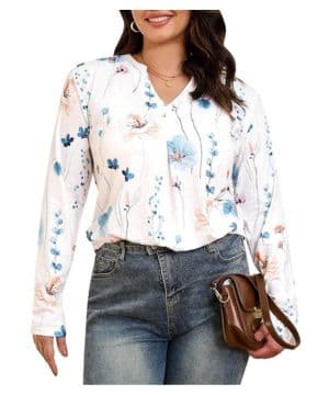 Aottori Camisetas Manga Larga Mujer con Cuello en V Blusa Elegantes Túnica Top Casual Sólido Suelto Básica Largas Camisas