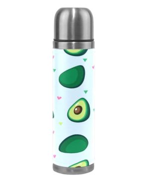 BKEOY Taza de viaje aislada al vacío de acero inoxidable con doble pared a prueba de fugas, botella de aguacate, impresión personalizada impresa en piel auténtica, termo