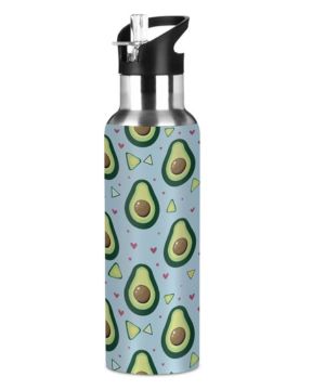 Botella de agua aislada de 600 ml con diseño de aguacates con corazones, con tapa de pajilla, termo de acero inoxidable