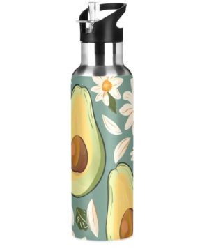 Botella de agua con diseño de margaritas blancas y aguacate verde con tapa con pajilla, termo de acero inoxidable