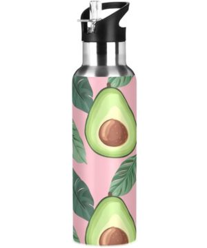Botella de agua de acero inoxidable con diseño de hojas tropicales de aguacate en rosa