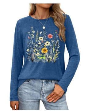 Camiseta de manga larga para mujer con estampado de flores, camisas vintage de cuello redondo
