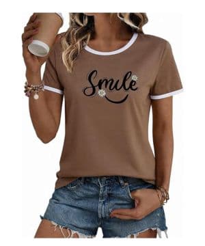 Camisetas Mujer Manga Corta Top Verano con Estampado Sonrisa Flor Margarita Cuello Redondo Blusa Casual Suelta Básica