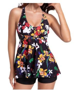 JONRRYIN Tankinis Traje de baño de Dos Piezas para Muje, Tankinis Swimsuit Flores Impresión Top y Short Conjunto, Acolchado Bandeau Swimsuit