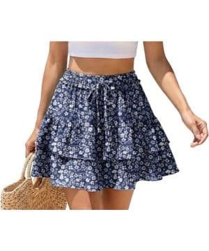 PrinStory Minifalda para mujer, ligera, aireada, falda de verano, falda acampanada, falda con volantes