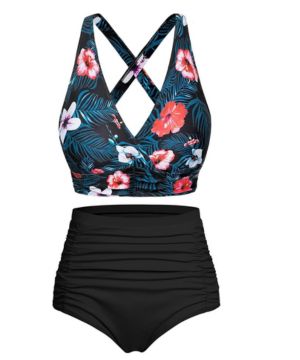 Svanco Trajes De Baño De Dos Piezas para Mujer Bikini Set con Parte Superior Cruzada Bikini Braguita con Pliegues De Cintura Alta Conjunto De Bikini Push Up Muj