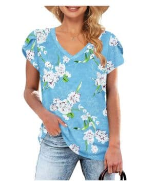 WNEEDU Camisetas Mujer Petal Manga V Cuello Camisetas Casuales Verano Básico Tops