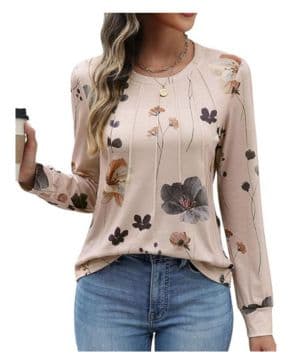 heekpek Camiseta Manga Larga Mujer Blusa Elegantes Tops Cuello Redondo Plisada Estampado Tshirt Camisetas Basicas de Manga Larga Primavera Verano Otoño