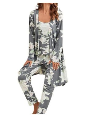 Bunanphy Conjunto de pijama para mujer, estampado floral, suave, 3 piezas, ropa de hogar, bata de manga larga