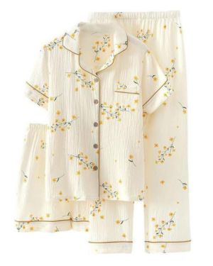 Conjunto de pijama de algodón de 3 piezas para mujer, manga corta, estampado de frutas, bonito conjunto de pijama