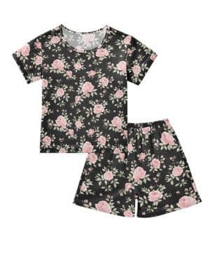 Conjunto de pijama de verano con flores rosas y flores, conjunto corto para niñas y niños