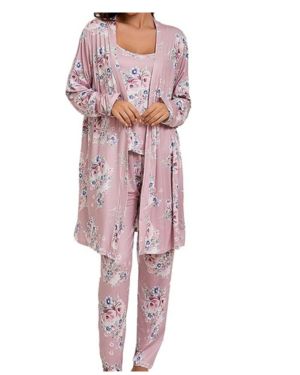 Conjunto de pijama floral de 3 piezas para mujer, bata de manga larga con camisola y pantalones