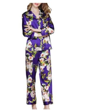 DISSA T8127 - Pijama de seda para mujer, con estampado de flores, 100_ seda, manga larga morado 48