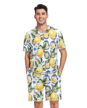 GAIREG Conjunto de pijama para hombre, manga corta, amarillo, limones y flores azules, pantalones cortos