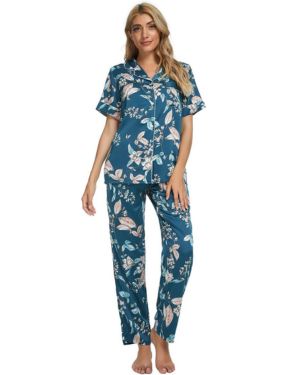 Pijama de satén para Mujer con Botones de Seda Floral Manga Cortos y Pantalones