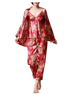 Jusfitsu Conjunto de Pijama de Seda de Encaje clásico para Mujer, Ropa de Dormir, Ropa de casa