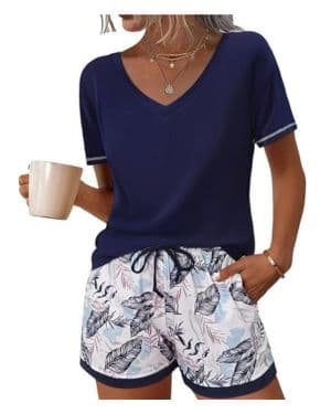 Litherday Pijama Mujer Verano Algodón Manga Corta Cuello en V Conjunto de Pijamas Corto Cómodo y Transpirable