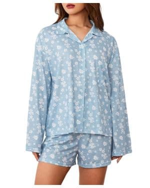 Loalirando - Conjunto de pijama para mujer suelta de 2 piezas con estampado de frutas o flores