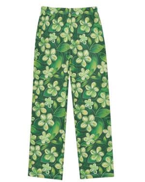 Mnsruu Pantalones de pijama para niño con estampado de flores verdes, cintura elástica y bolsillos para niños