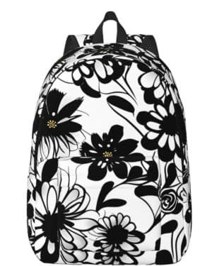 Mochilas de lona con estampado de flores en blanco y negro, mochila deportiva ligera para viajes, bolsa multiusos