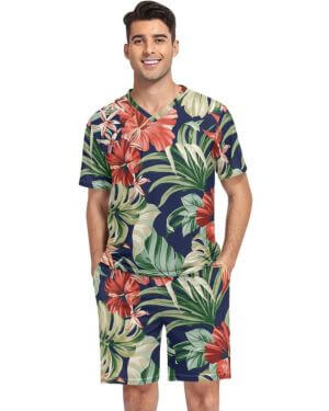 Conjunto de pijama vintage floral para hombre, manga corta, cuello en V, conjunto de pijama de verano