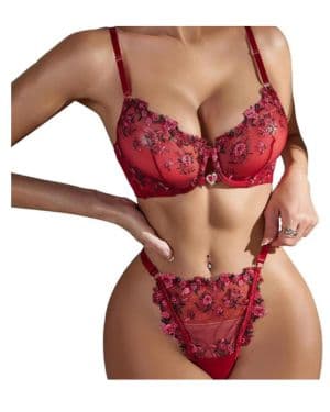 Satohom Sexy Mujer 2 Piezas Bordado de Flores Conjuntos de Lencería Tanga Sujetador con Aros y Bragas Bikini Encaje